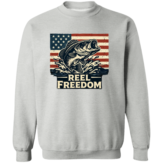 Sport grey color fishing sweatshirt with jumping bass and American flag graphic – Reel Freedom patriotic angler
