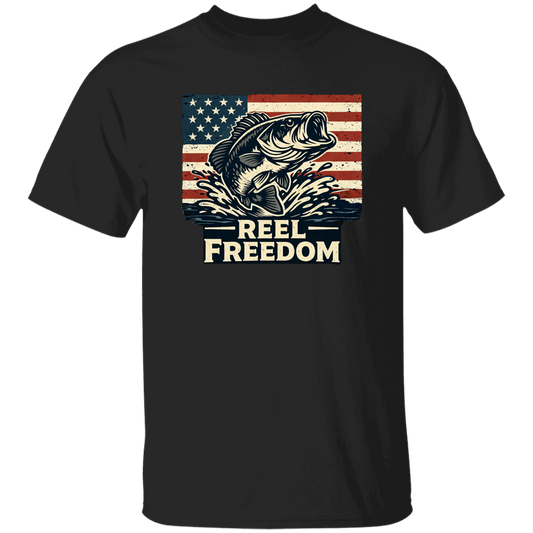 Black fishing t-shirt with jumping bass and American flag graphic – Reel Freedom patriotic angler tee