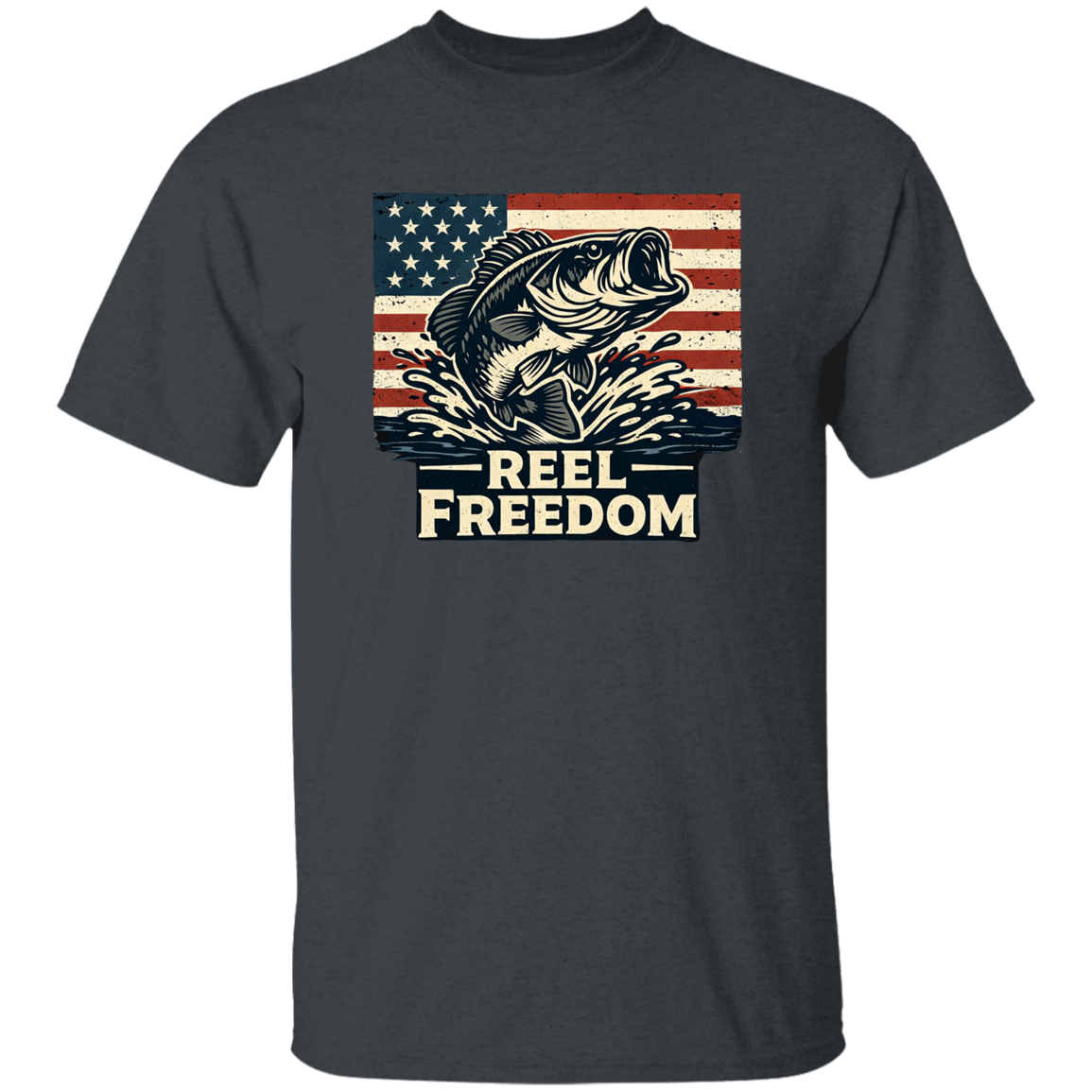Dark-heather fishing t-shirt with jumping bass and American flag graphic – Reel Freedom patriotic angler tee