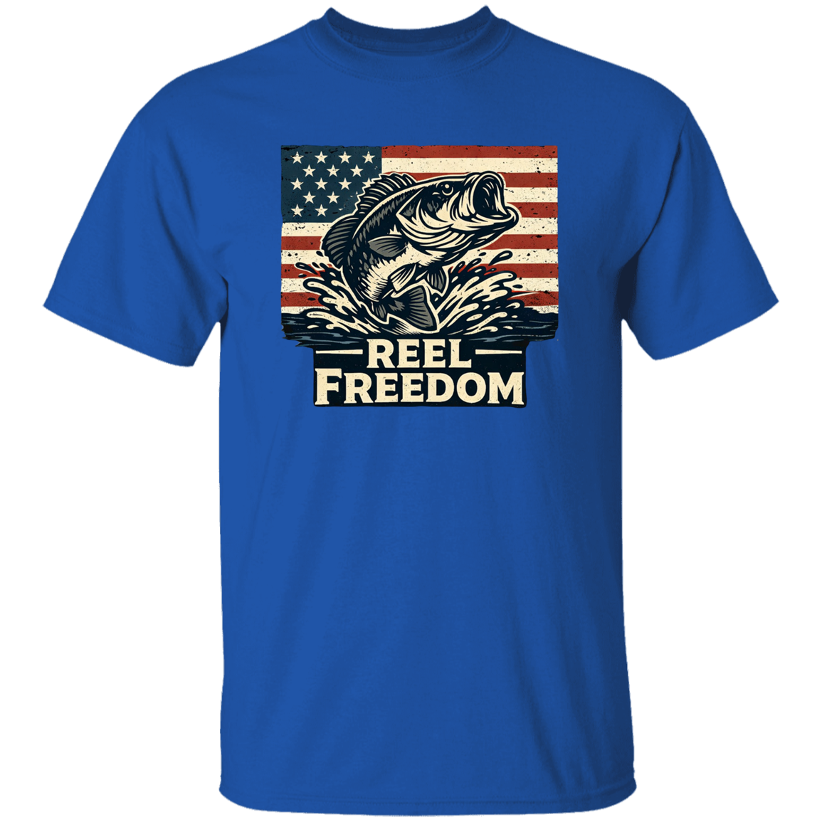 Royal fishing t-shirt with jumping bass and American flag graphic – Reel Freedom patriotic angler tee