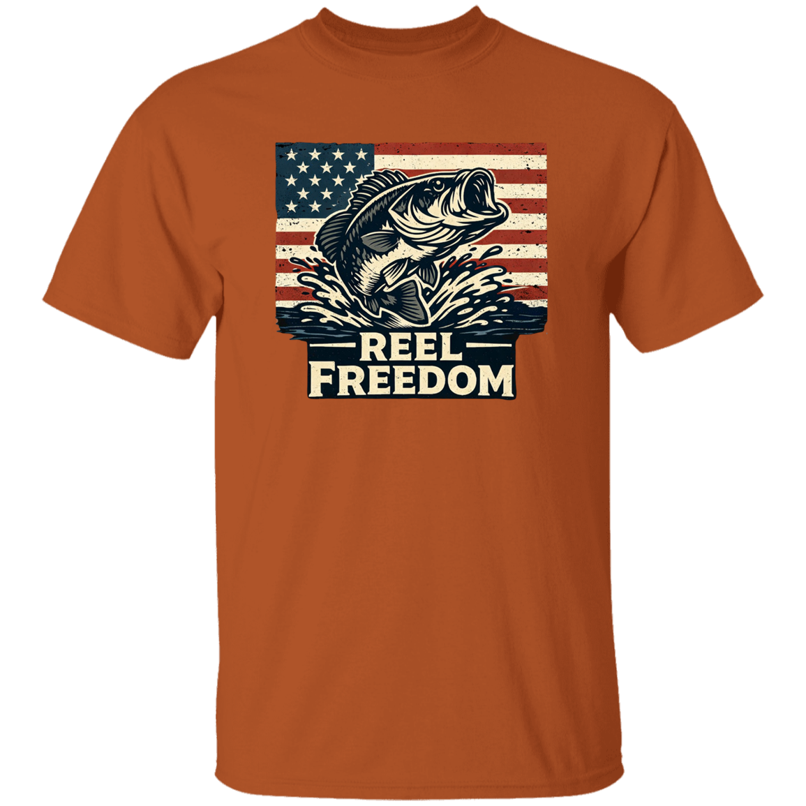 Texas-orange fishing t-shirt with jumping bass and American flag graphic – Reel Freedom patriotic angler tee
