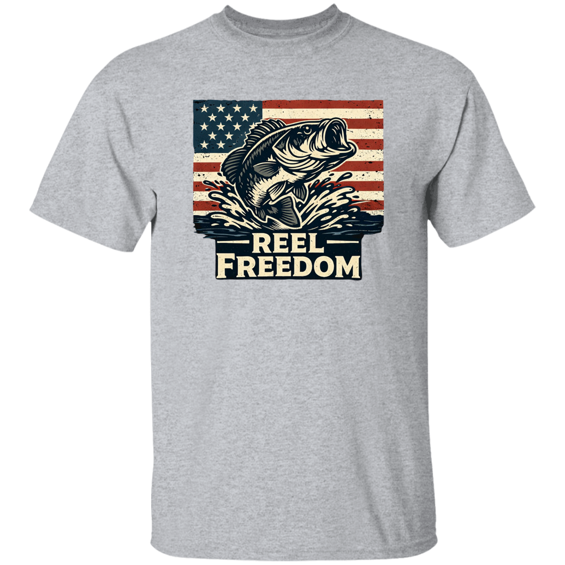 Sport-gray fishing t-shirt with jumping bass and American flag graphic – Reel Freedom patriotic angler tee