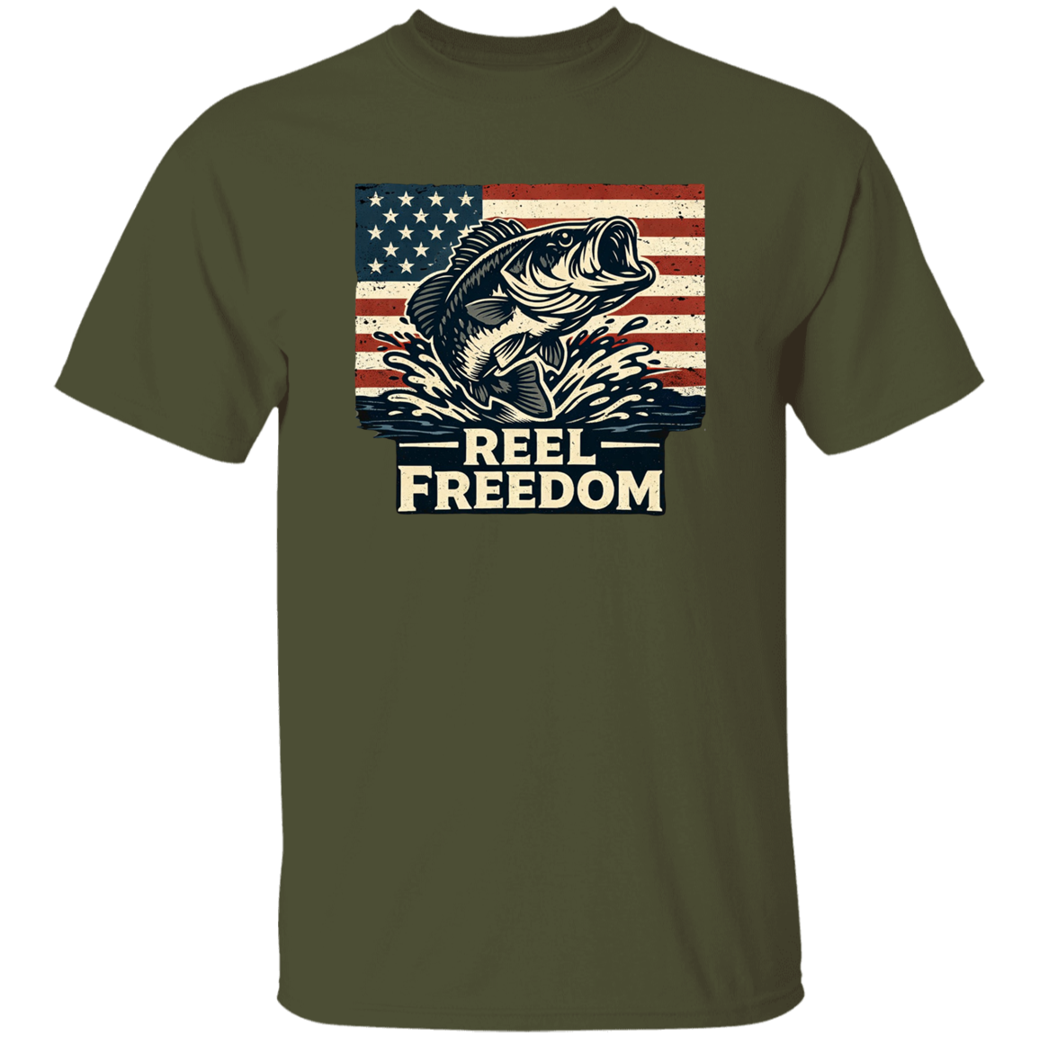 Military-green fishing t-shirt with jumping bass and American flag graphic – Reel Freedom patriotic angler tee