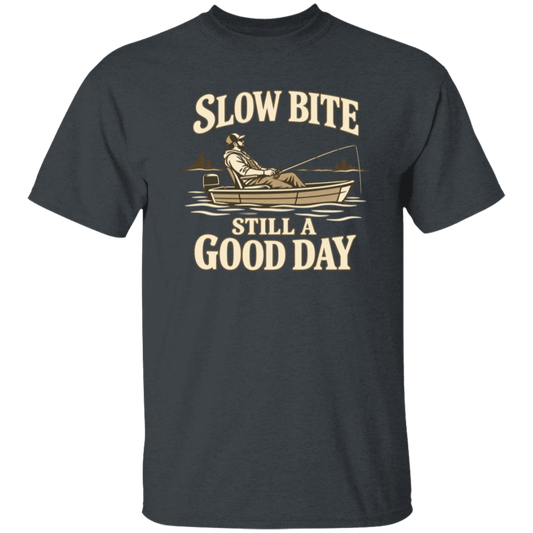 dark-heather color t-shirt with a saying, Slow Bite Still A Good Day, for men and women