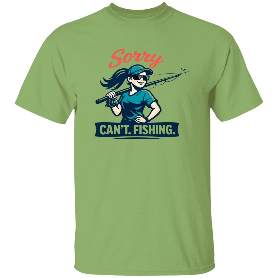 A girl saying Sorry Can't  Going Fishing T-Shirt in kiwi