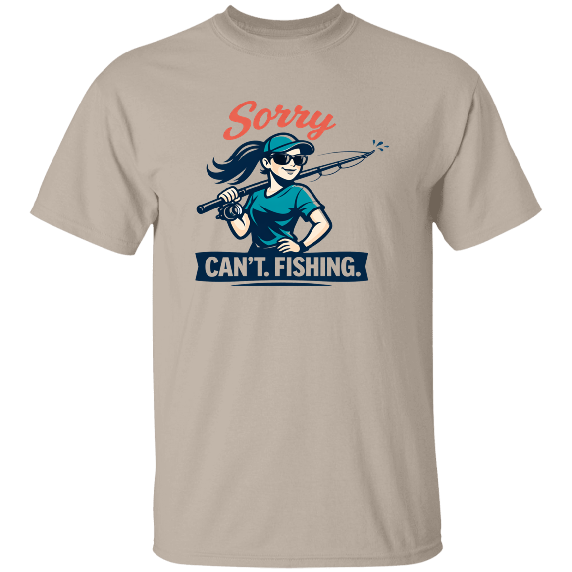 A girl saying Sorry Can't  Going Fishing T-Shirt in sand
