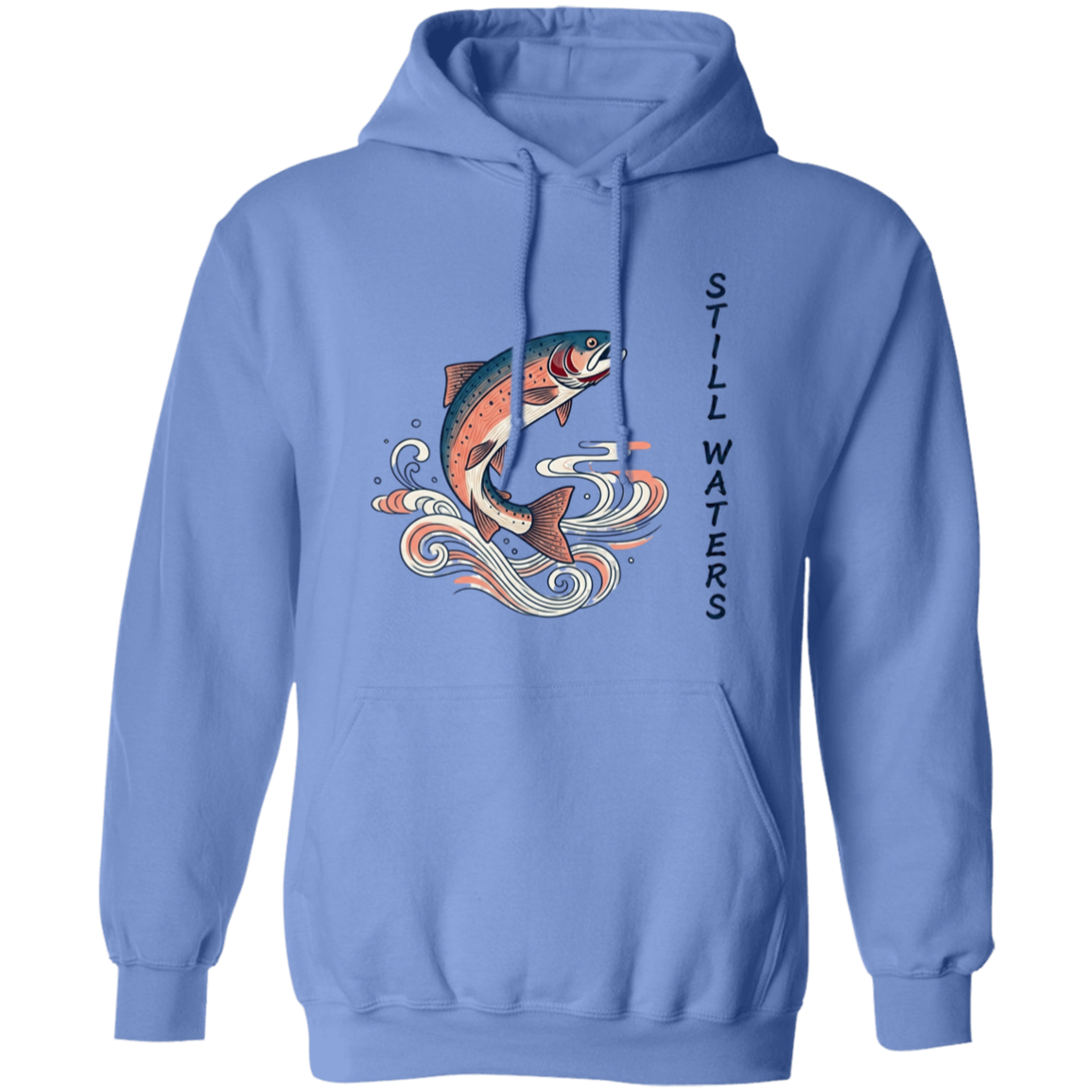 Carolina Blue color Still Waters leaping trout fishing hoodie 
