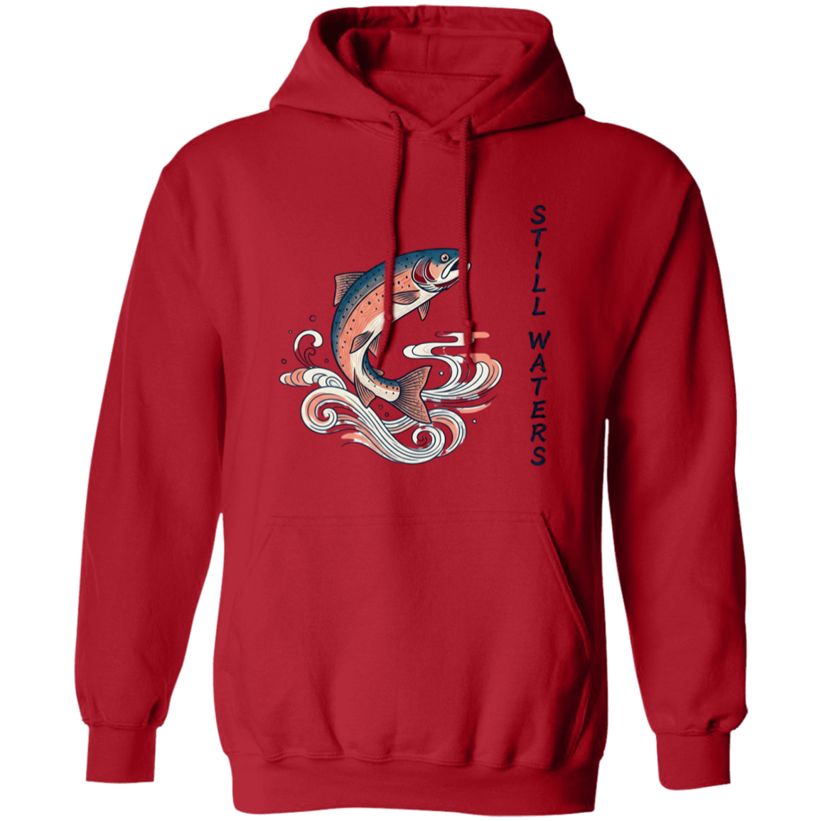 Red color Still Waters leaping trout fishing hoodie 
