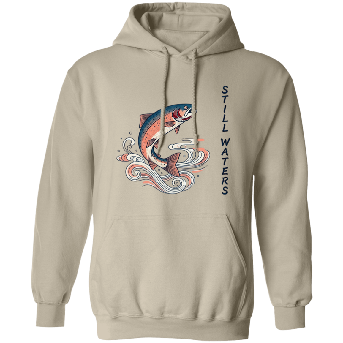 Sand color Still Waters leaping trout fishing hoodie 
