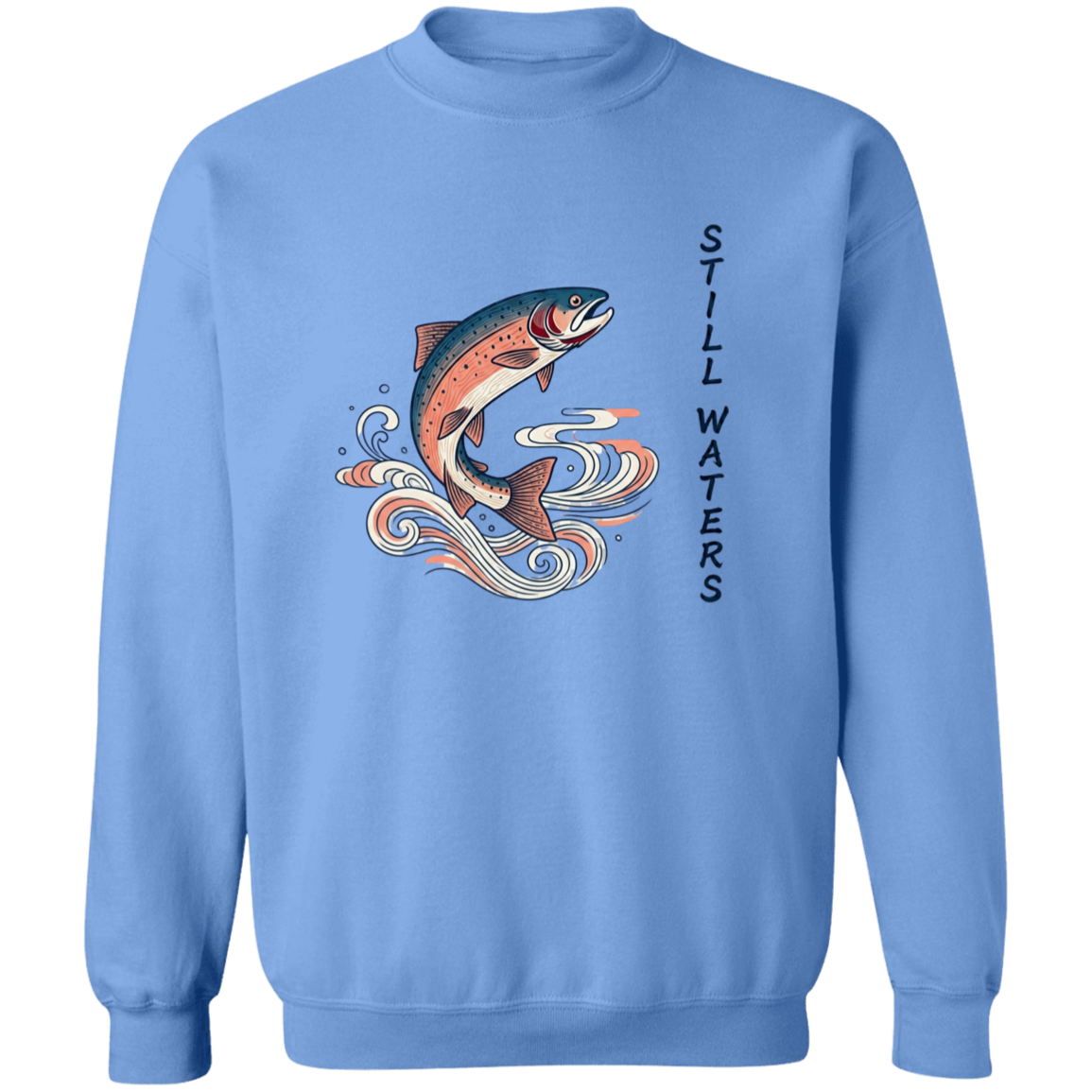 Carolina Blue color Still Waters leaping trout fishing sweatshirt 
