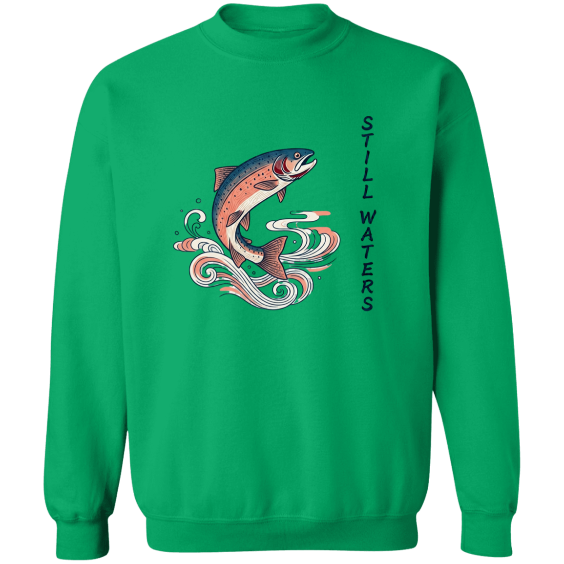 Irish Green color Still Waters leaping trout fishing sweatshirt
