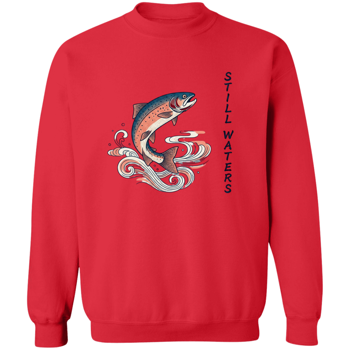 Red color Still Waters leaping trout fishing sweatshirt 
