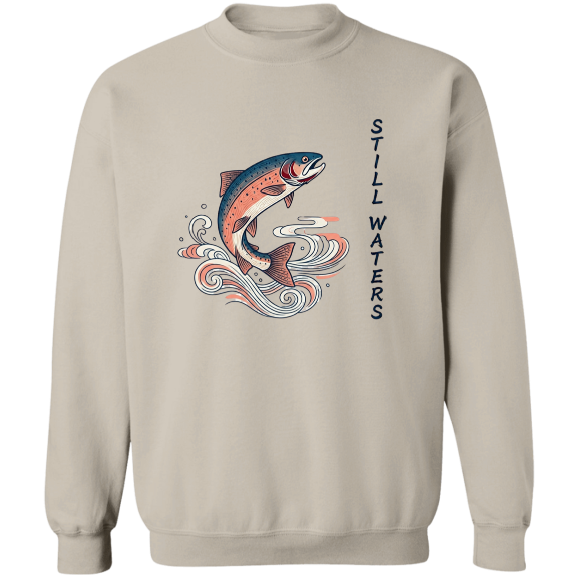 Sand color Still Waters leaping trout fishing sweatshirt 
