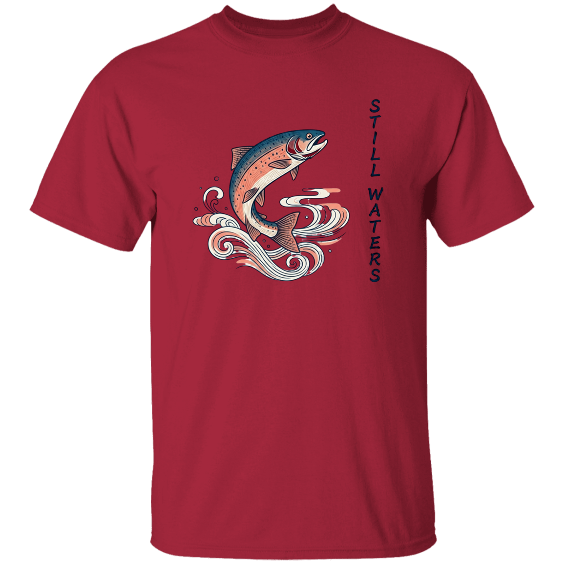 Cardinal color Still Waters leaping trout fishing t-shirt 
