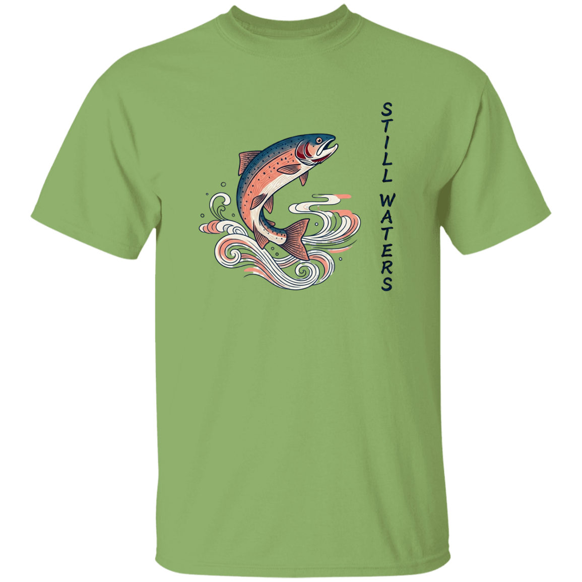 Kiwi color Still Waters leaping trout fishing t-shirt 
