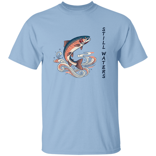 Light Blue color Still Waters leaping trout fishing t-shirt 
