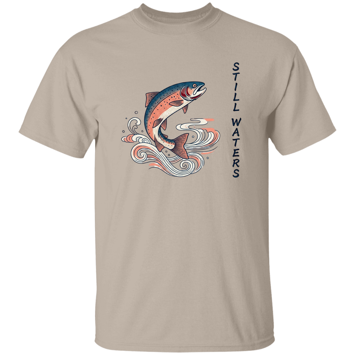 Sand color Still Waters leaping trout fishing t-shirt 
