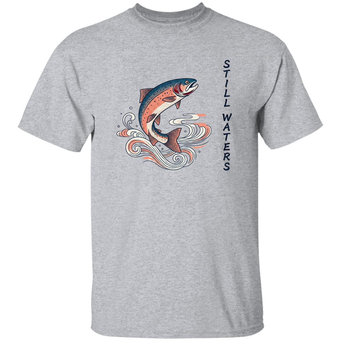 Sport Grey color Still Waters leaping trout fishing t-shirt 
