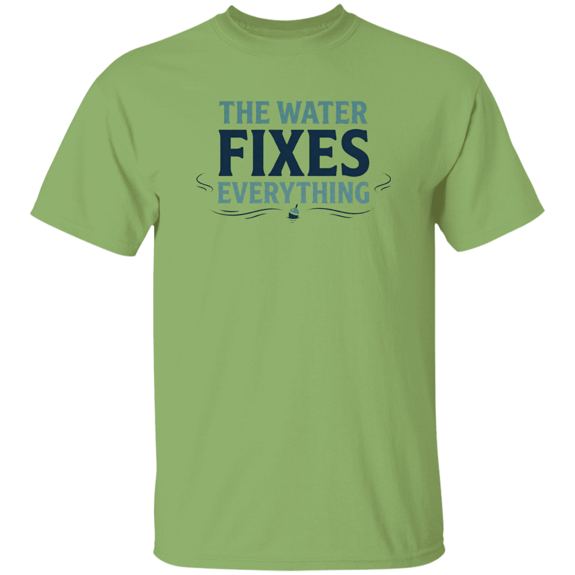Kiwi color t-shirt with Fishing graphic in a bold text "The Water Fixes Everything" – motivational fishing quote
