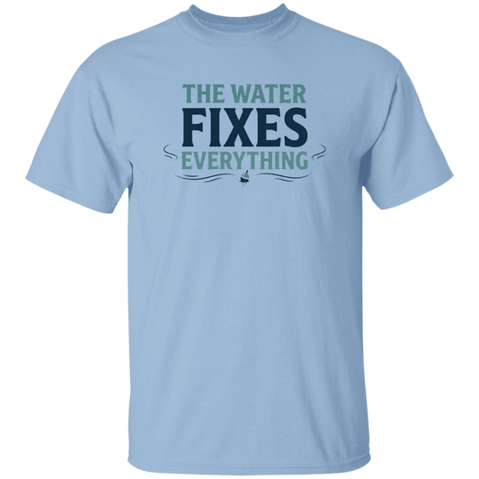 Light Blue color t-shirt with Fishing graphic in a bold text "The Water Fixes Everything" – motivational fishing quote
