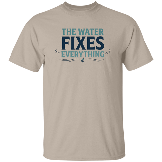 Sand color t-shirt with Fishing graphic in a bold text "The Water Fixes Everything" – motivational fishing quote
