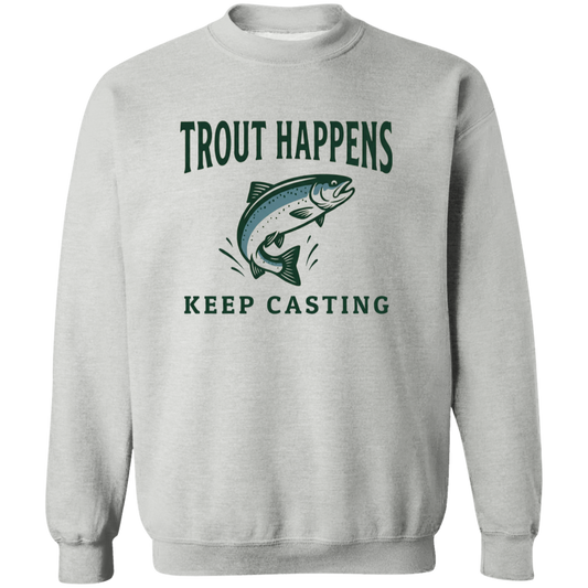 Sport Grey color Trout Happens Keep Casting fishing graphic sweatshirt – jumping trout design for fly fishing & trout fishing lovers

