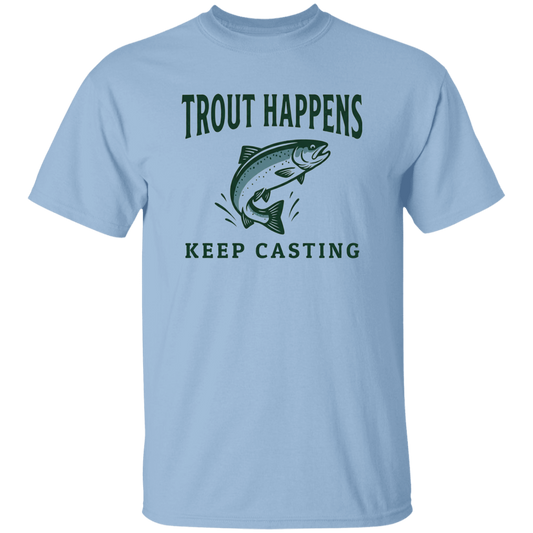 light Blue color Trout Happens Keep Casting fishing graphic t shirt – jumping trout design for fly fishing & trout fishing lovers
