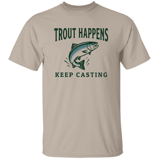 Sand color Trout Happens Keep Casting fishing graphic t shirt – jumping trout design for fly fishing & trout fishing lovers
