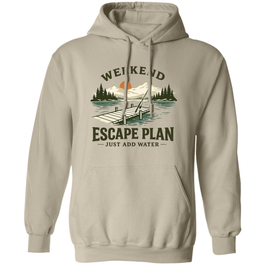 Sand color Fishing hoodie, lake dock at sunset, "Weekend Escape Plan Just Add Water"
