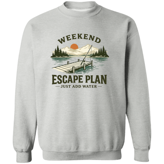 Sport Grey color Fishing sweatshirt, lake dock at sunset, "Weekend Escape Plan Just Add Water"
