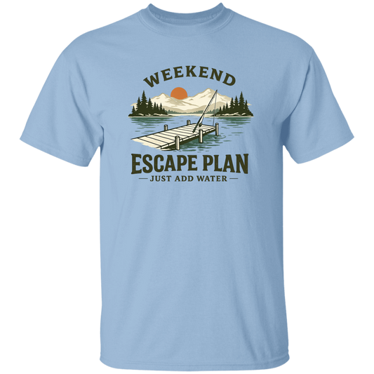 Light Blue color Fishing t-shirt, lake dock at sunset, "Weekend Escape Plan Just Add Water"

