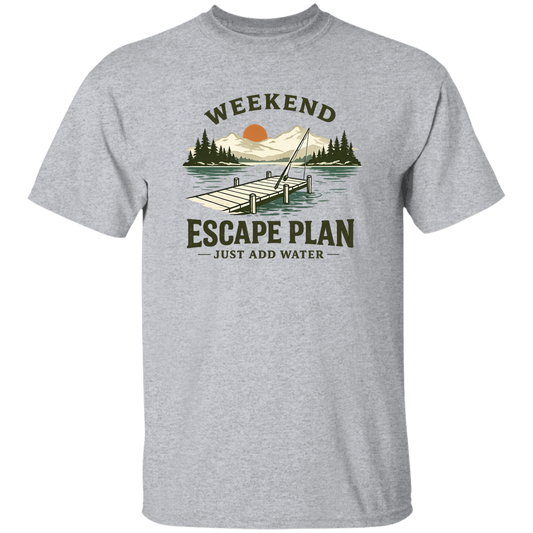 Sport Grey color Fishing t-shirt, lake dock at sunset, "Weekend Escape Plan Just Add Water"
