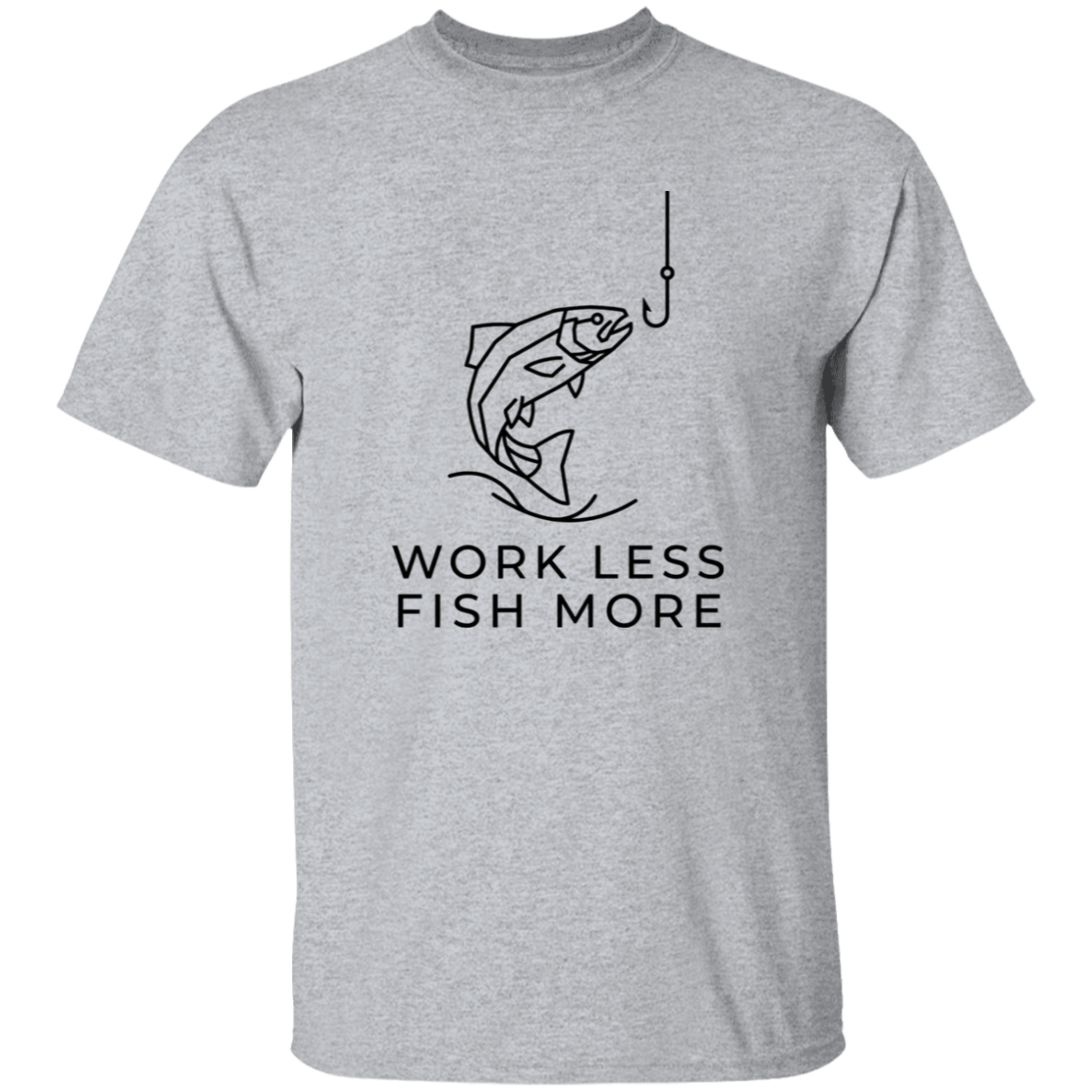 sport-grey color t-shirt with a saying, Work Less Fish More, for men and women