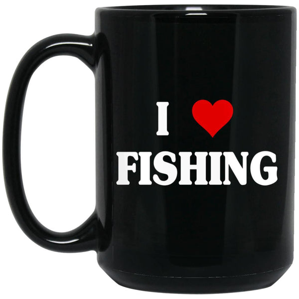 I love fishing 15 oz black mug