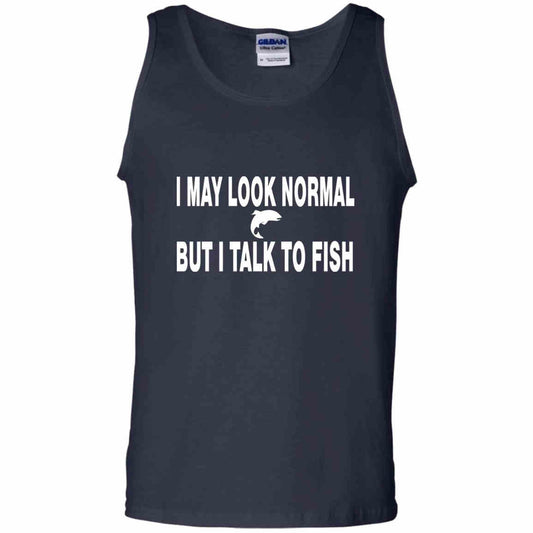 I may look normal but i talk to fish w tank top navy
