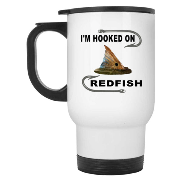 I'm hooked on redfish travel mug white