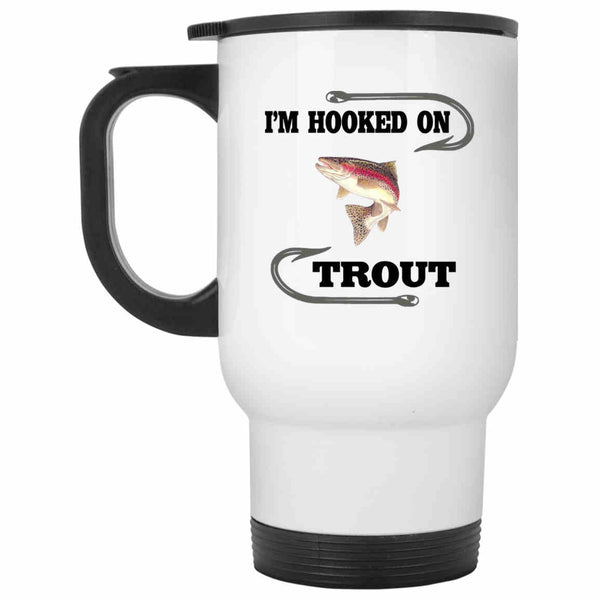 I'm hooked on trout white travel mug