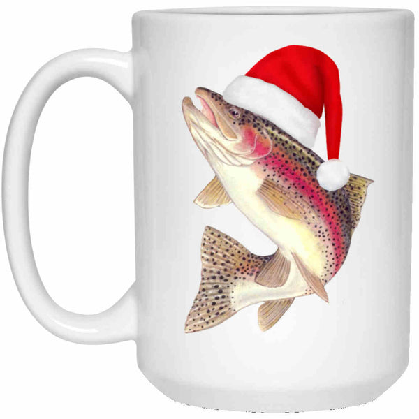 15 oz mug trout wearing Christmas hat